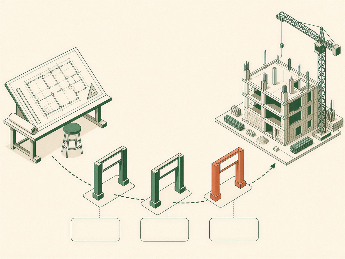 From the plan through three gates to the building site