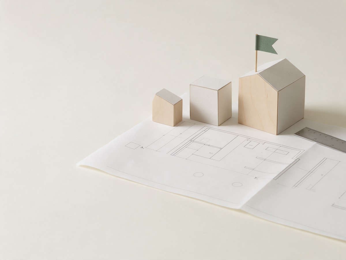Three models on a plan, one marked with a flag