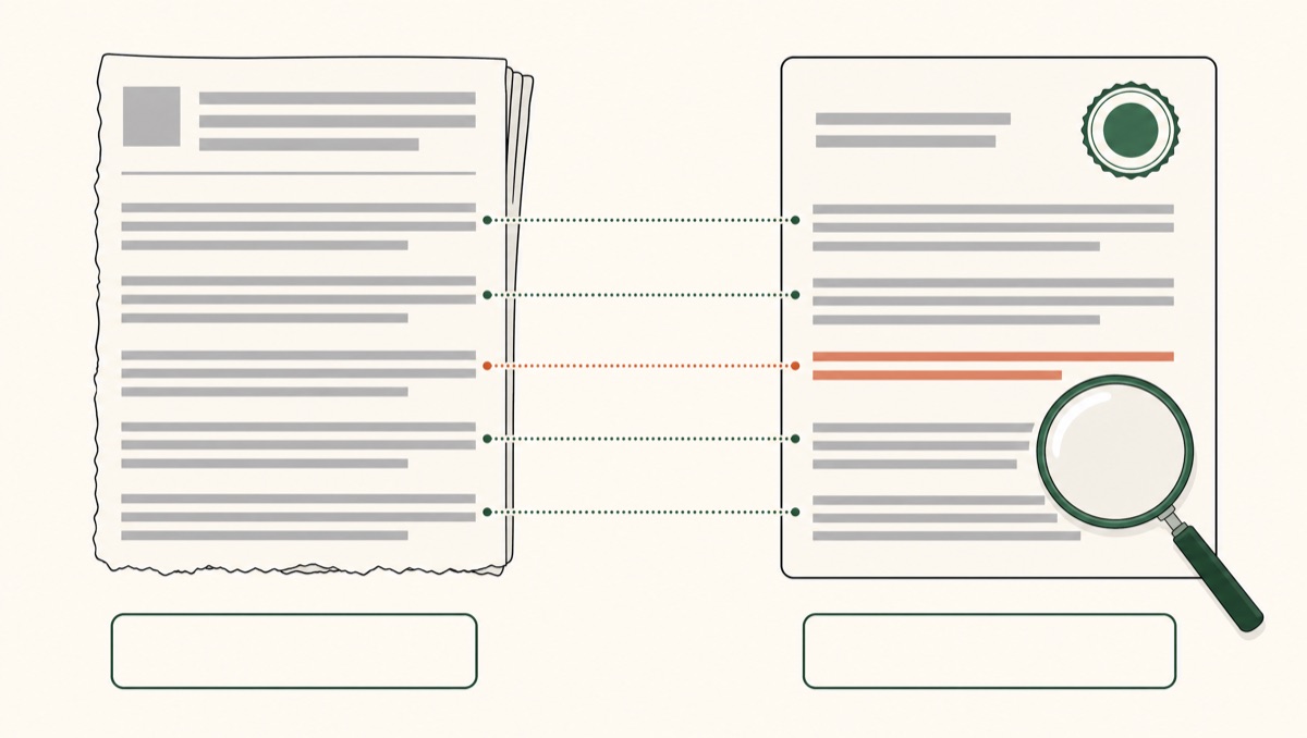 A press clipping and the original document, compared line by line